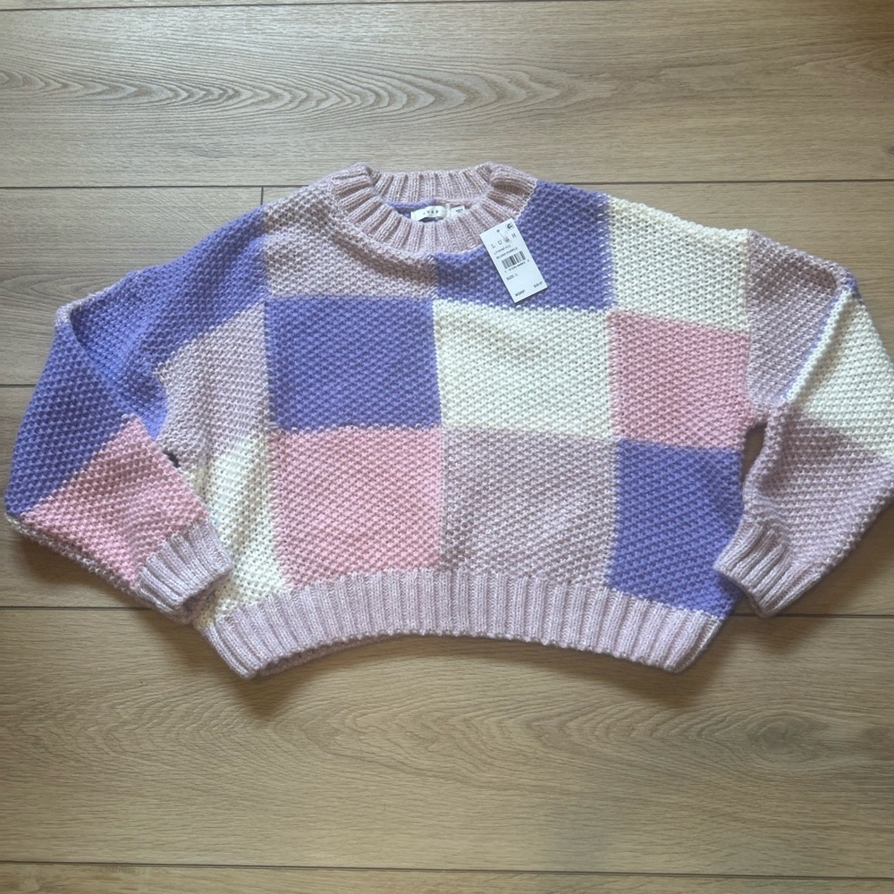 Lush LT19187-FCI Womens Pastel Checkerboard Knit‎ Sweater Blush Purple Large NWT